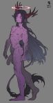  1boy 2021 abs absurdres animal_ears barefoot closed_eyes closed_mouth colored_skin commentary_request completely_nude dated expressionless fingernails floating_hair full_body grey_background halo highres horns korean_commentary large_penis long_hair male_focus nipples nude original parted_bangs penis purple_fur purple_hair purple_skin ranger_squirrel red_halo red_horns red_nails sharp_fingernails signature simple_background solo tail testicles toned very_hairy very_long_hair walking 