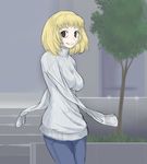  3-angled-blue :d amputee blonde_hair breasts denim jeans looking_at_viewer open_mouth original pants ribbed_sweater short_hair smile solo sweater tree turtleneck 