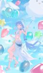  1girl absurdres artist_name balloon bikini blue_eyes blue_hair blue_nails blue_sky braid braided_ponytail breasts cleavage commentary english_commentary floating full_body hair_between_eyes hair_ornament halo hand_up head_wings heart_balloon high_heels highres holding holding_balloon honkai:_star_rail honkai_(series) horik_22 jewelry long_hair looking_at_viewer medium_breasts midair multicolored_nails nail_polish navel necklace official_alternate_costume open_mouth outdoors robin_(honkai:_star_rail) robin_(summeretto)_(honkai:_star_rail) sarong sky smile solo star_balloon starfish_hair_ornament swimsuit teeth toe_ring toenail_polish toenails toes upper_teeth_only very_long_hair white_bikini white_sarong white_wings wings yellow_nails 