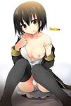  black_hair black_legwear breast_slip breasts cleavage covered_nipples english heart kamiyoshi_rika looking_at_viewer medium_breasts nipples one_breast_out open_clothes open_shirt original panties shirt short_hair skirt solo thighhighs tongue tongue_out underwear undressing white_panties yellow_eyes 