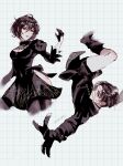  1boy 1girl 2b_(nier:automata) 2b_(nier:automata)_(cosplay) 9s_(nier:automata) 9s_(nier:automata)_(cosplay) absurdres bandaged_head bandages black_boots black_choker black_dress black_gloves black_hair black_jacket black_shorts black_socks boots breasts choker cleavage cosplay cowboy_shot crossover dress feather_trim gloves grey_eyes grid_background hair_between_eyes highres jacket juliet_sleeves kurorei levi_(shingeki_no_kyojin) long_sleeves looking_at_viewer medium_breasts midair mikasa_ackerman nier:automata nier_(series) parted_bangs puffy_sleeves shingeki_no_kyojin short_hair shorts side_slit socks thigh_boots twitter_username 