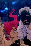  3boys cloak commentary_request dark gloves grey_hair grin jean_pierre_polnareff jojo_no_kimyou_na_bouken joseph_joestar joseph_joestar_(old) kakyoin_noriaki konpane_(ohj) male_focus mask multiple_boys red_hair smile stardust_crusaders sweatdrop tree watermark white_cloak white_gloves 