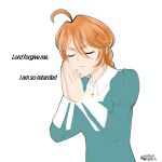  1girl ahoge braid braided_ponytail christ-chan christianity closed_eyes collar cross cross_necklace dress english_text green_dress hair_ornament hairclip highres jewelry long_dress long_sleeves necklace orange_hair original own_hands_together palms_together praying pulledbjjork red_hair simple_background single_braid solo upper_body white_background white_collar white_sleeves 