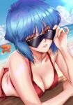  1girl artist_name ass beach bikini blue_hair breasts cleavage cyborg fuchikoma ghost_in_the_shell highres kusanagi_motoko large_breasts looking_at_viewer lying mecha on_stomach pennylessmac red_bikini red_eyes robot short_hair spider_tank string_bikini sunglasses swimsuit the_ghost_in_the_shell_(2026) 