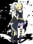  back-to-back blonde_hair blue_eyes colorized dress dual_persona highres kagamine_rin multiple_girls partially_colored thighhighs vocaloid yuzuki_kei 