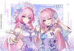 2girls ;) absurdres ahoge breasts cleavage commission cyrene_(demiurge)_(honkai:_star_rail) cyrene_(honkai:_star_rail) diamond-shaped_pupils diamond_(shape) dress heart heart_ahoge highres honkai:_star_rail honkai_(series) interlocked_fingers large_breasts long_hair looking_at_viewer multicolored_hair multiple_girls oc_x_canon one_eye_closed original outstretched_arms pink_hair purple_eyes smile symbol-shaped_pupils two-tone_hair v very_long_hair vvna9 white_dress white_hair 