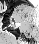  2boys adam's_apple blush braid braided_ponytail chinese_commentary closed_eyes closed_mouth commentary_request earrings greyscale hand_on_another's_neck hand_on_another's_shoulder hood hood_up hooded_jacket hug imminent_kiss implied_sex jacket jewelry kiss long_hair long_sleeves looking_at_another lying male_focus monochrome multicolored_hair multiple_boys off_shoulder on_back parted_lips profile saliva shiguang_dailiren shirt short_hair simple_background single_braid single_earring sleeves_past_wrists smile sweat tears trembling turtleneck two-tone_hair tyoookozuki upper_body white_background xia_fei xiao_weiying yaoi 