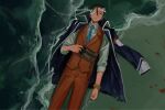  1boy ace_attorney antenna_hair apollo_justice bandage_over_one_eye bangle blood blood_splatter blue_coat blue_necktie bracelet brown_eyes brown_hair brown_shoes coat coat_on_shoulders collared_coat collared_shirt collared_vest commentary_request crying crying_with_eyes_open feet_out_of_frame frown gold_bracelet hair_between_eyes highres holding holding_unworn_clothes holding_unworn_shoes implied_suicide jewelry korean_commentary lapels long_sleeves lying male_focus necktie notched_lapels ocean on_back on_ground pants parted_lips phoenix_wright:_ace_attorney_-_dual_destinies red_pants red_vest sad saman_zero7 shirt shoes shore short_hair sleeve_cuffs solo suit_pants teardrop tears unworn_shoes very_short_hair vest wet white_shirt 
