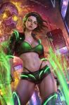 1girl bandeau black_hair breasts building city cleavage crop_top cropped_jacket cyberpunk explosion fingerless_gloves gloves green_bandeau green_eyes green_tank_top highleg highleg_panties highres izzy_monet jacket navel open_clothes open_jacket panties robot science_fiction short_hair short_shorts shorts skin_seams skyscraper solo tank_top thighhighs thong thong_panties underwear xenogeist yam_spectrum 