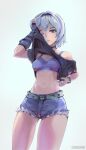  1girl arm_warmers black_arm_warmers black_shirt blue_shorts bra breasts closed_mouth clothes_lift commentary female_esper_zero_(city_wanderer)_(nte) female_esper_zero_(nte) grey_hair highres kaguh8 looking_at_viewer medium_breasts neverness_to_everness official_alternate_costume one_eye_closed purple_bra purple_eyes shirt shirt_lift short_shorts shorts solo underwear 
