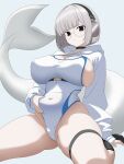  1girl absurdres black_eyes blue_archive breasts cetacean_tail cleavage fins fish_tail grey_hair headphones highres kotone_(blue_archive) large_breasts long_sleeves looking_at_viewer one-piece_swimsuit round_eyewear short_hair shrug_(clothing) solo swimsuit tail thighs tsubasadraw white_one-piece_swimsuit white_shrug 
