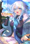  1girl :d arm_support beads black_bridal_gauntlets black_shirt blue_eyes blue_jacket blue_scarf box bridal_gauntlets cloud commentary_request crossed_bangs day double-parted_bangs eiyuu_densetsu fang hair_between_eyes half_updo highres holding holding_box hot_dog jacket kuro_no_kiseki_(series) kuro_no_kiseki_ii lens_flare light_rays long_hair long_sidelocks looking_at_viewer midriff_peek open_clothes open_jacket open_mouth outdoors partially_unbuttoned prayer_beads scarf shirt shizuna_rem_misurugi short_shorts shorts sidelocks sideways_glance sitting sleeveless sleeveless_shirt smile solo sun_glare sunlight upper_body v-shaped_eyebrows white_hair white_shorts zer00han 