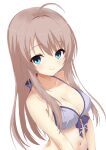  1girl absurdres ahoge alternate_costume bare_shoulders bikini blue_bikini blue_bow blue_eyes blush bow bow_bikini breasts brown_hair cleavage closed_mouth collarbone commentary dutch_angle eyes_visible_through_hair hair_between_eyes halterneck highres large_breasts long_hair looking_at_viewer navel sanoba_witch shiiba_tsumugi sidelocks simple_background smile solo straight_hair swimsuit upper_body very_long_hair white_background zephy0215 