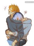 +++ 2boys absurdres aoyagi_touya blonde_hair blue_hair blush closed_eyes commentary covered_face ear_blush ear_chain english_commentary glint grey_hoodie highres hood hood_down hoodie hug hug_from_behind interlocked_fingers laughing linked_piercing loafymayo long_sleeves male_focus multicolored_hair multiple_boys open_mouth orange_hair pants piercing project_sekai shinonome_akito short_hair simple_background split-color_hair streaked_hair teeth torn_clothes torn_pants two-tone_hair white_background yaoi 