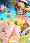  1girl aqua_eyes ball bangle bare_shoulders barefoot beachball bikini black_choker bracelet breasts brown_hair brown_hat choker cleavage collarbone commentary_request cup cutoffs denim denim_shorts drinking_glass earrings feet flower frilled_bikini frills grey_shorts hair_between_eyes halterneck hat hibiscus highres holding holding_cup hoop_earrings hurricane_glass innertube jewelry large_breasts legs_up looking_at_viewer micro_shorts midriff nail_polish open_mouth original revision short_hair shorts smile soles solo straw_hat swim_ring swimsuit thighs toes wanatsu_15 wet yellow_bikini 