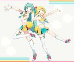  2girls alternate_costume alternate_hairstyle aqua_eyes aqua_hair aqua_necktie asymmetrical_legwear blonde_hair breasts cheerleader commentary_request fang frilled_skirt frilled_wristband frills full_body hair_ornament hairclip hatsune_miku high_heels highres holding holding_microphone kagamine_rin kneehighs long_hair looking_at_another matching_outfits microphone midriff miniskirt multicolored_skirt multiple_girls navel necktie number_tattoo open_mouth outstretched_arm parallel_hairclips pom_pom_(cheerleading) ponytail shirt short_hair short_necktie short_ponytail singing single_thighhigh skirt sleeveless sleeveless_shirt small_breasts socks standing standing_on_one_leg suica_(agonasubi) tattoo thighhighs twintails two-tone_shirt uneven_legwear vocaloid white_thighhighs yellow_shirt 