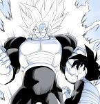  2boys amayuki318 anger_vein angry aura black_hair blue_background bodysuit broad_shoulders clenched_hands clenched_teeth commentary_request dragon_ball dragon_ball_z father_and_child father_and_son feet_out_of_frame gloves happy highres long_hair looking_at_another male_focus monochrome multiple_boys muscle_growth muscular muscular_male open_mouth parent_and_child pectorals saiyan_armor size_difference smile son_gohan son_goku spiked_hair super_saiyan super_saiyan_1 talking teeth thick_eyebrows thick_neck upper_body veiny_face white_gloves 