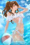  1girl adumi231 arm_up ball bare_shoulders beachball bikini blue_sky blurry blush breasts brown_eyes brown_hair cloud contrail day earrings frilled_bikini frills green_eyes highres jewelry kujikawa_rise long_hair looking_at_viewer medium_breasts navel ocean off-shoulder_bikini off_shoulder outdoors parted_lips persona persona_4 ponytail side-tie_bikini_bottom sky smile solo stomach swimsuit underboob wading water wet white_bikini 
