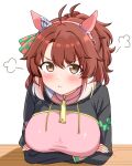  1girl :t ahoge alternate_breast_size_(larger) animal_ear_hairband animal_ears arms_under_breasts black_shrug blush breasts brown_eyes brown_hair checkered_ribbon closed_mouth commentary_request crossed_arms dantsu_flame_(center_spotlight)_(umamusume) dantsu_flame_(umamusume) ear_covers ear_ribbon fake_animal_ears frown hair_between_eyes hairband head_steam high_ponytail highres horse_ear_hairband horse_ears horse_girl large_breasts long_sleeves looking_at_viewer multicolored_hair pink_hairband ponytail pout pov_across_table puff_of_air renny_(seraphyfether) shirt shrug_(clothing) simple_background solo taut_clothes umamusume v-shaped_eyebrows white_background white_hair 