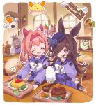  5girls :d ^_^ animal_ears blue_flower blue_rose border bow bowl bowtie brown_hair carrot chair closed_eyes commentary_request ear_bow ear_covers eating fascinator fish_(food) flower food glutton grey_hair hair_ornament hair_over_one_eye haru_urara_(umamusume) hat hat_flower headband horse_ears horse_girl horse_tail indoors long_hair long_sleeves meatball multiple_girls oguri_cap_(umamusume) omelet omurice onigiri open_mouth orange_hair pasta pink_hair pleated_skirt ponytail purple_eyes purple_hat purple_shirt purple_skirt red_headband rice rice_shower_(umamusume) rose school_uniform shirt silence_suzuka_(umamusume) skirt smile spaghetti spaghetti_and_meatballs special_week_(umamusume) steak table tail tracen_school_uniform tray umamusume welchino white_border white_bow white_bowtie window winter_uniform 