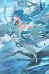  1girl absurdres blue_eyes blue_hair blue_sky breasts closed_mouth commentary_request day earrings fiery_horns forehead_tattoo hand_up highres holding holding_sword holding_weapon horns jewelry kyo_(krokikyon) large_breasts long_hair looking_at_viewer outdoors qingxiao_(wuthering_waves) sky solo standing standing_on_branch sword sword_fingers tacet_mark_(wuthering_waves) tattoo thighhighs water weapon white_thighhighs wuthering_waves 