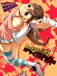  bad_id bad_pixiv_id bare_shoulders brown_hair butterfly_hair_ornament character_name chousoku_henkei_gyrozetter green_eyes hair_ornament inaba_rinne long_hair looking_at_viewer shorts side_ponytail smile solo star striped striped_legwear thighhighs wasanbon 