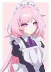  1girl alternate_costume apron black_dress border breasts commentary_request cyrene_(demiurge)_(honkai:_star_rail) cyrene_(honkai:_star_rail) diamond-shaped_pupils diamond_(shape) dress enmaided highres honkai:_star_rail honkai_(series) large_breasts long_hair looking_at_viewer maid maid_apron maid_headdress pink_background pink_hair purple_eyes simple_background smile solo symbol-shaped_pupils very_long_hair white_apron white_border yamayu_isu 