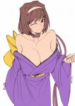  1girl 3amsoda arm_behind_back bow breasts brown_eyes brown_hair choker cleavage collarbone commentary hair_intakes hairband highres japanese_clothes kanzaki_sumire kimono large_breasts looking_at_viewer mole mole_under_eye off_shoulder one_eye_closed purple_kimono sakura_taisen simple_background solo sweatdrop white_background white_hairband yellow_bow 