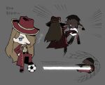  1boy 1girl abuse ball black_shirt blue_eyes brown_hair brown_shirt chibi cigar coat commentary full_body gold_trim hat heathcliff_(project_moon) limbus_company long_hair official_art pants parted_lips project_moon red_coat red_hat red_pants rodion_(project_moon) shirt soccer soccer_ball thumb_(identity)_(project_moon) untranslatable_commentary very_long_hair 