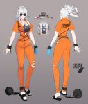  1girl ahoge ass ball_and_chain_restraint blue_eyes blue_gloves bra breasts bruise cellphone chain cigarette cleavage commentary cuffs english_commentary from_behind general_geega general_geega_(criminal) gloves grey_bra grey_hair handcuffs heterochromia highres indie_virtual_youtuber injury jumpsuit multiple_views n0r0 orange_jumpsuit partially_unbuttoned phone pointy_ears ponytail prison_clothes red_eyes sandals scar smartphone socks sunglasses torn_clothes underwear virtual_youtuber white_socks 