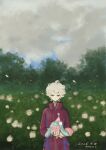  1boy bede_(pokemon) closed_mouth cloud cloudy_sky coat collared_coat dated field flower flower_field hatenna highres holding holding_pokemon long_sleeves looking_to_the_side male_focus mochitaro_220 open_mouth outdoors plant pokemon pokemon_(creature) pokemon_sword_and_shield red_coat short_hair sideways_glance signature sky sleeve_cuffs solo tree wavy_hair white_flower white_hair 
