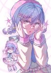  1girl absurdres adjusting_eyewear asahi_rokka bang_dream! bang_dream!_girls_band_party! beret blue_hair blue_nails braid clothing_request commentary frills glasses gradient_background green_eyes hair_ornament hairclip hat heart_hairpin highres jewelry luvechaee mini_hair_bow multicolored_nails necktie pink-framed_eyewear pink_background pink_hat pink_nails solo star_(symbol) star_tattoo tattoo twin_braids untranslatable_commentary yellow_nails 