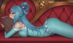  1girl aqua_(konosuba) ass bare_shoulders blue_eyes blue_hair blue_pajamas blue_pants breasts commentary couch english_commentary from_side hair_rings highres hugging_object indoors kono_subarashii_sekai_ni_shukufuku_wo! large_breasts long_hair long_sleeves looking_at_viewer lying off-shoulder_pajamas on_couch on_stomach paid_reward_available pajamas pants pillow pillow_hug profile single_hair_ring solo tio_sam 