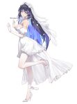  1girl absurdres alternate_costume bare_shoulders black_hair blue_eyes blue_hair breasts bridal_veil closed_mouth colored_inner_hair commentary dress elbow_gloves from_side full_body gloves high_heels highres large_breasts looking_at_viewer looking_to_the_side multicolored_hair pantyhose shoes simple_background smile solo standing standing_on_one_leg turning_head untranslatable_commentary veil wedding_dress white_background white_dress white_gloves white_pantyhose white_shoes white_veil wuthering_waves yangyang_(wuthering_waves) yangyang_(xuanling)_(wuthering_waves) youngjoo_kjy 