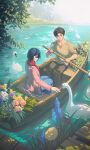  1boy 1girl absurdres bird black_hair blue_flower blue_skirt boat brown_hair brown_pants cardigan closed_mouth commentary_request dating dock eren_yeager flower full_body green_eyes grey_eyes grey_shirt hair_between_eyes highres holding holding_oar light_smile long_skirt mikasa_ackerman oar on_boat outdoors pants parted_bangs parted_lips pink_cardigan red_scarf scar scar_on_cheek scar_on_face scarf shigure0v0 shingeki_no_kyojin shirt short_hair skirt swan twitter_username watercraft 
