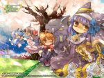  4girls animal_ear_headwear animal_ears ankh arm_warmers artist_name avatar_(eco) bastet_lore bell black_arm_warmers black_boots black_dress black_hat blue_bow blue_hair blue_shirt boots bow bowtie brown_hair cat_ears cat_girl cherry_blossoms closed_eyes company_name copyright_logo copyright_notice cup dress emil_chronicle_online frilled_arm_warmers frills ghost_girl ghost_tail grey_eyes hair_bow hat holding holding_cup kasori_reala logo looking_at_viewer multiple_girls neck_bell nekomata_ai nun official_art one_eye_closed orange_eyes orange_hair pink_dress puppet red_bow red_bowtie shirt sitting umbrella_alma waist_bow yellow_eyes yunomi 