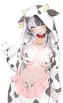  1girl :p a9_(repainter) absurdres alternate_costume animal_collar animal_costume animal_ears animal_print bell bikini bikini_under_clothes black_hair bottle breasts cleavage collar commentary cow_costume cow_ears cow_hood cow_horns cow_print cow_print_bikini cowbell cowboy_shot fake_animal_ears fake_horns grey_hair highres holding holding_bottle hololive hololive_english hood hood_up horns large_breasts long_hair looking_at_viewer milk_bottle multicolored_hair navel neck_bell onesie open_onesie print_bikini red_collar shiori_novella sideboob simple_background solo split-color_hair stomach string_bikini swimsuit tongue tongue_out two-tone_hair underboob untranslatable_commentary virtual_youtuber white_background yellow_eyes 