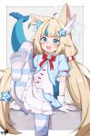  1girl absurdres ahoge alternate_costume animal_ear_fluff animal_ears blonde_hair blue_archive blue_eyes blue_halo blue_pantyhose blue_streaks blush boppin border bow bowtie cat_ears commentary commission cosplay cowboy_shot dot_nose english_commentary fins fish_girl fish_tail gloves hair_ornament halo highres holding holding_wand indie_virtual_youtuber leg_up lifebuoy_hair_ornament long_hair looking_at_viewer low_twintails multicolored_hair no_shoes one_side_up open_mouth paid_reward_available pantyhose pleated_skirt red_bow red_bowtie reisa_(blue_archive) reisa_(blue_archive)_(cosplay) reisa_(magical)_(blue_archive) sameko_saba short_sleeves simple_background skirt smile soles solo standing standing_on_one_leg star_(symbol) star_hair_ornament star_halo streaked_hair striped_clothes striped_pantyhose tail teeth twintails upper_teeth_only variant_set very_long_hair virtual_youtuber wand white_gloves white_pantyhose white_skirt 