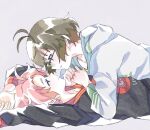  2boys akizuki_ryo antenna_hair black_shirt boy_on_top brown_hair eye_contact glasses grey_background hood hood_down hoodie idolmaster idolmaster_side-m kabuto_daigo looking_at_another lying lying_on_person multiple_boys nara1508 on_back over-rim_eyewear pink_hair semi-rimless_eyewear shirt short_hair simple_background white_hoodie yaoi 