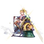  1girl 404_game_re:set anode_(404_game_re:set) belt black_sleeves blonde_hair boots breasts brown_belt brown_boots detached_sleeves full_body gears goggles goggles_on_head gun hair_between_eyes holding holding_gun holding_weapon lever_action locomotive mechanical_legs medium_breasts medium_hair motion_blur nail_polish neck_ribbon official_art on_train personification ponytail prosthesis prosthetic_leg rail_chase red_eyes red_nails red_ribbon red_sleeves ribbon rifle shell_casing shirt simple_background single_mechanical_leg sitting solo steam steam_locomotive thigh_boots third-party_source train underboob weapon white_background white_shirt yuugen 