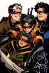  batman_(series) batman_symbol belt black_bodysuit black_gloves black_hair bodysuit brothers brown_jacket cape commentary damian_wayne dc_comics dick_grayson domino_mask eye_mask gloves grey_bodysuit highres jacket jason_todd ke774815 male_focus mask multicolored_bodysuit multicolored_suit multiple_boys muscular muscular_male nightwing open_clothes red_cape red_hood_(dc) red_hood_and_the_outlaws red_robin robin_(dc) short_hair siblings superhero_costume taut_bodysuit taut_clothes tim_drake two-tone_bodysuit two-tone_suit untranslatable_commentary utility_belt western_comics_(style) yellow_cape 