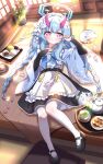  1girl absurdres alternate_costume apron architecture black_gloves black_skirt blue_archive blue_bow blue_bowtie blue_hair blue_halo blue_kimono bow bowtie braid bridal_gauntlets chise_(blue_archive) commentary_request cup daifuku dango east_asian_architecture enmaided flower food frilled_apron frills full_body gloves green_tea hair_flower hair_ornament halo hand_fan hand_on_own_chest highres horns japanese_clothes kimono kusa_mochi long_hair looking_at_viewer low_twin_braids lying maid maid_apron mary_janes mitarashi_dango nerikiri on_back on_table oni pantyhose paper_fan petals pink_eyes pink_horns pink_petals plant plate potted_plant print_apron shoes skirt table tea teacup teapot tonghua_sakana tray twin_braids uchiwa unconventional_maid very_long_hair wa_maid wagashi white_apron white_pantyhose 