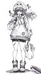 1girl bag bike_shorts blush commentary_request fingerless_gloves food_in_mouth full_body gloves graphite_(medium) greyscale guilty_gear guilty_gear_strive hair_between_eyes hat highres holding holding_bag hood hood_down hoodie long_hair long_sleeves looking_at_viewer may_(guilty_gear) monochrome nt50 shoes shorts skull_and_crossbones solo standing traditional_media 