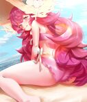  1girl absurdres beach blue_archive chinstrap clothing_cutout commentary_request flower fluffy_hair frilled_one-piece_swimsuit frilled_thigh_strap frills from_behind gebukoro123 grey_hair halo hat hat_flower highres iroha_(blue_archive) iroha_(swimsuit)_(blue_archive) licking_lips long_hair looking_at_viewer looking_back official_alternate_costume one-piece_swimsuit outdoors pink_one-piece_swimsuit red_eyes side_cutout sitting solo straw_hat sun_hat swimsuit thigh_strap tongue tongue_out wariza 
