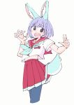 1girl absurdres animal_ears aqua_neckerchief black_eyes blue_hair blue_pantyhose commentary cropped_legs d: flip_flappers floating_neckwear highres kokomine_cocona midriff neckerchief pantyhose pix3dayo pleated_skirt rabbit_ears rabbit_tail red_sailor_collar sailor_collar school_uniform serafuku shirt short_hair short_sleeves simple_background skirt solo tail teeth upper_teeth_only white_background white_shirt 
