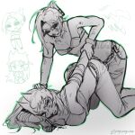 2girls animification antenna_hair bandaged_arm bandages bdsm belt blood blood_on_face bra breasts butch/femme_couple chibi chibi_inset cleavage collarbone_piercing commentary eddsworld eyebrow_piercing face_piercing girl_on_top greyscale hair_ears hand_on_another's_head highres holding_another's_arm hollow_eyes kneeling large_breasts long_hair masochism middle_finger monochrome multiple_girls one_eye_closed open_mouth pants piercing pinned sadism short_hair shxxha simple_background sketch small_breasts tamara_(eddsworld) tank_top tattoo thong top-down_bottom-up topknot tori_(eddsworld) torn_clothes torn_pants underwear white_background wristband yuri 