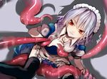  bad_id bad_pixiv_id black_legwear blush braid breasts cleavage garter_straps imminent_rape izayoi_sakuya maid maid_headdress medium_breasts red_eyes shadow shirako_sei silver_hair solo tears tentacles thighhighs touhou twin_braids 