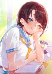  1girl absurdres bird black_hair blue_eyes blue_sailor_collar blush book cheek_rest closed_mouth commentary_request desk duck highres hololive indoors kisaragi02 looking_at_viewer neckerchief oozora_subaru open_book parted_bangs sailor_collar school_desk school_uniform serafuku short_hair signature sitting smile solo upper_body virtual_youtuber yellow_neckerchief 