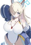  1girl absurdres animal_ear_fluff animal_ears blonde_hair blue_archive blue_eyes blue_halo blue_jacket breasts commentary competition_swimsuit covered_navel dog_ears dog_girl extra_ears from_above hair_over_one_eye halo highleg highleg_one-piece_swimsuit highres innertube jacket kanna_(blue_archive) kanna_(swimsuit)_(blue_archive) large_breasts long_hair looking_at_viewer megumiyasisotyo notched_ear official_alternate_costume one-piece_swimsuit ponytail sharp_teeth simple_background solo swim_ring swimsuit teeth whistle whistle_around_neck white_one-piece_swimsuit 