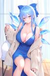  1girl absurdres aged_up alternate_breast_size_(larger) alternate_costume alternate_hair_length_(longer) blue_dress blush breasts chair cirno cleavage closed_mouth coat commentary_request dress english_commentary full_cleavage hair_between_eyes highres kuroida large_breasts long_hair long_sleeves looking_at_viewer mixed-language_commentary on_chair open_clothes open_coat paid_reward_available sitting sleeveless sleeveless_dress smile solo thighs touhou very_long_hair yellow_coat 